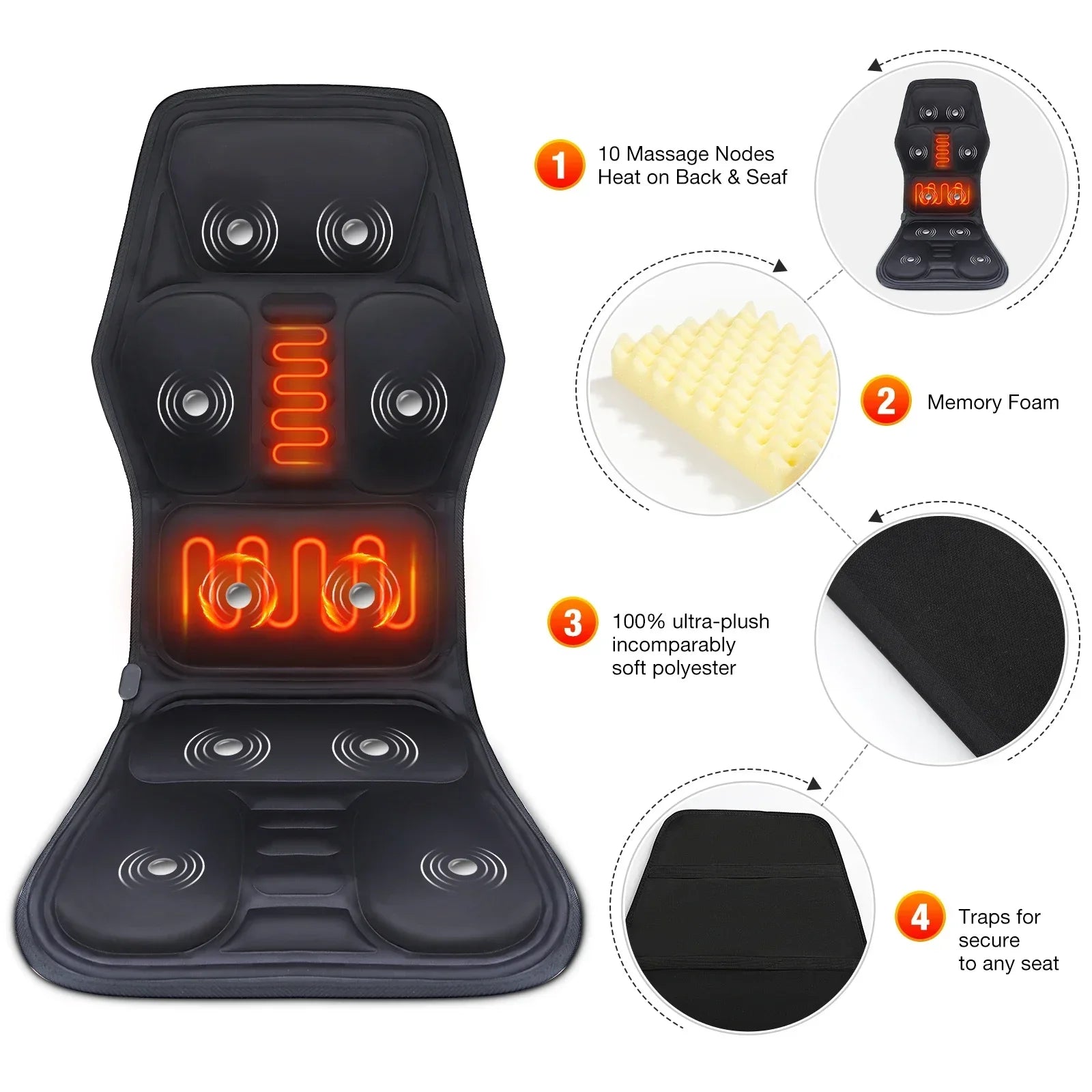Heating Lumbar Back Massager Pad - Infrared Heat Vibration Air Compression for Neck Shoulder Car Home Office Chair Massage Bed