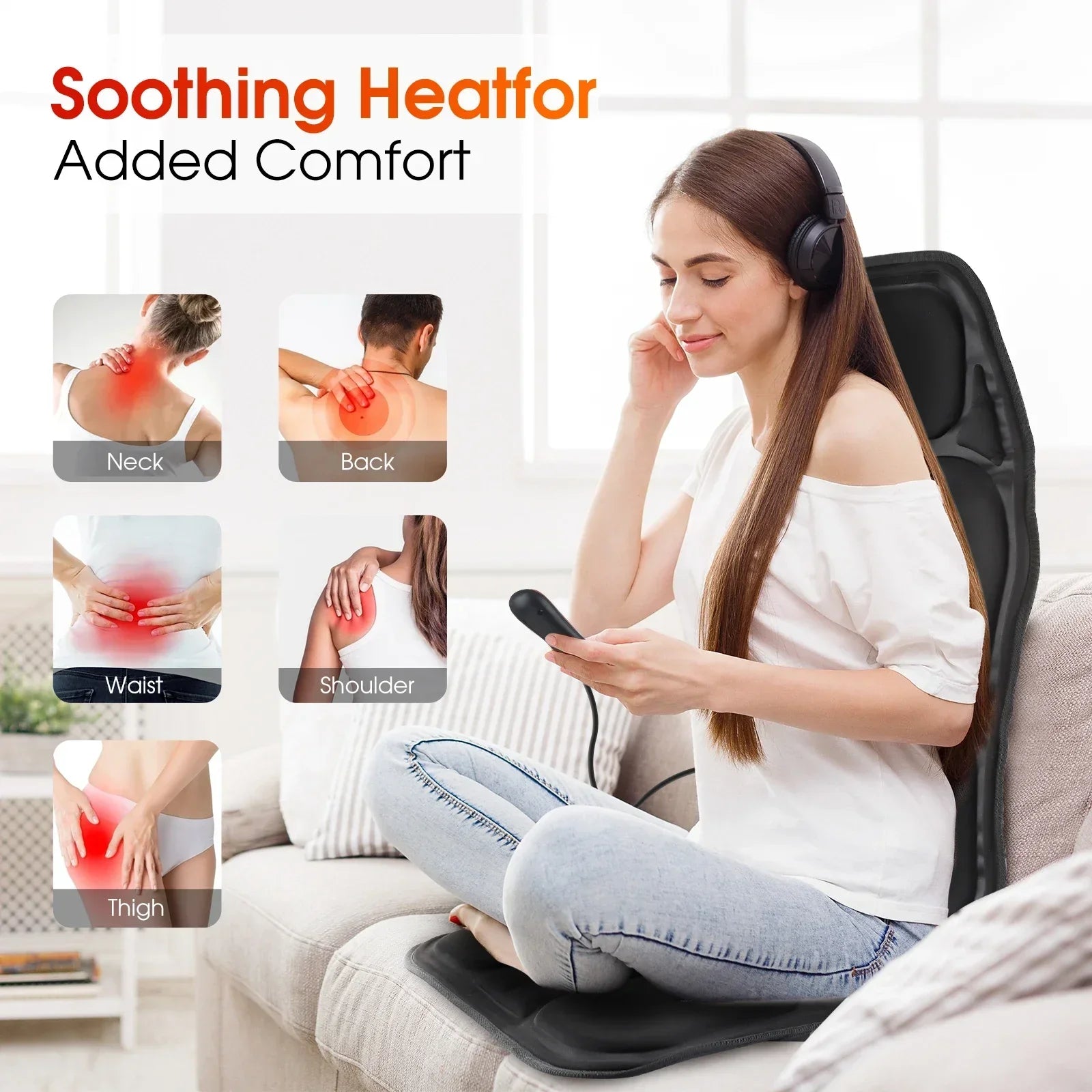 Heating Lumbar Back Massager Pad - Infrared Heat Vibration Air Compression for Neck Shoulder Car Home Office Chair Massage Bed